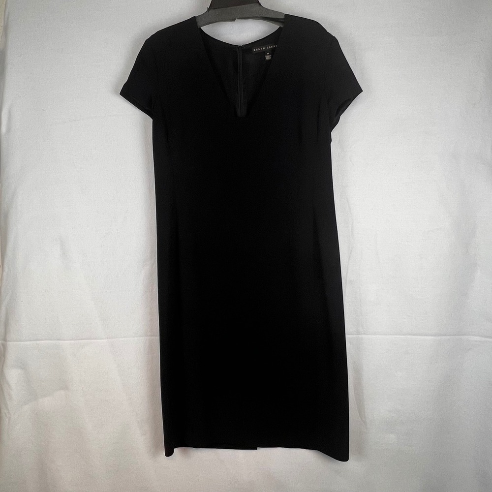 Ralph Lauren Black Label Womens Wool Silk Sheath Dress Size 14 Black V-Neck